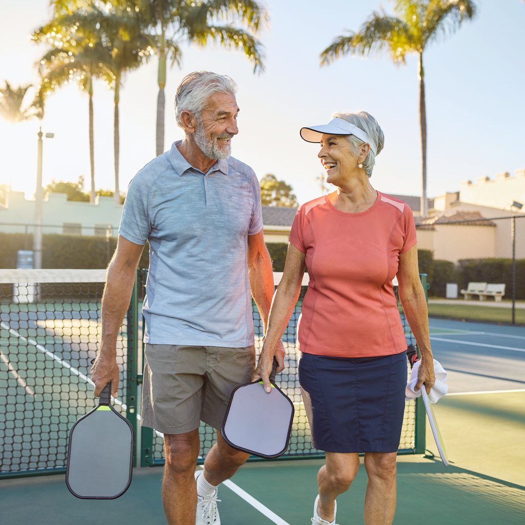 Two adults in their sixties walking off a pickleball court, talking and smiling